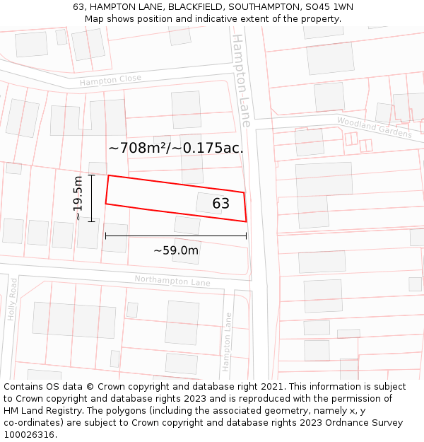 63, HAMPTON LANE, BLACKFIELD, SOUTHAMPTON, SO45 1WN: Plot and title map