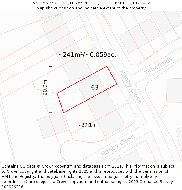 63, HANBY CLOSE, FENAY BRIDGE, HUDDERSFIELD, HD8 0FZ: Plot and title map