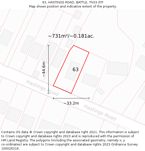 63, HASTINGS ROAD, BATTLE, TN33 0TF: Plot and title map