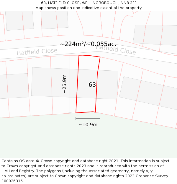63, HATFIELD CLOSE, WELLINGBOROUGH, NN8 3FF: Plot and title map