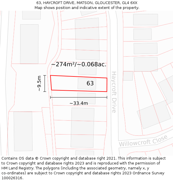 63, HAYCROFT DRIVE, MATSON, GLOUCESTER, GL4 6XX: Plot and title map