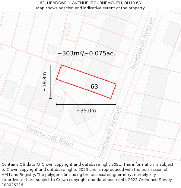 63, HEADSWELL AVENUE, BOURNEMOUTH, BH10 6JY: Plot and title map