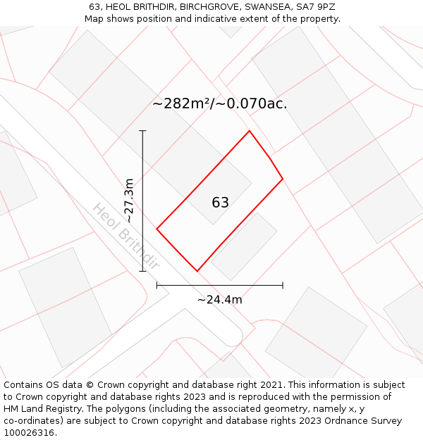 63, HEOL BRITHDIR, BIRCHGROVE, SWANSEA, SA7 9PZ: Plot and title map