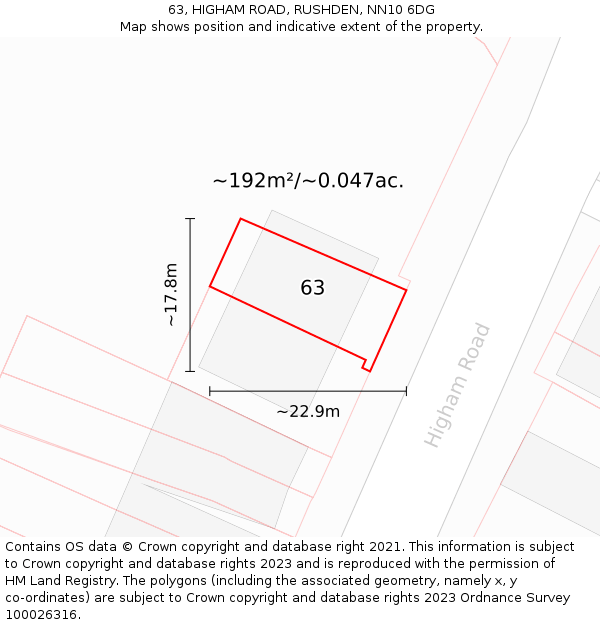 63, HIGHAM ROAD, RUSHDEN, NN10 6DG: Plot and title map