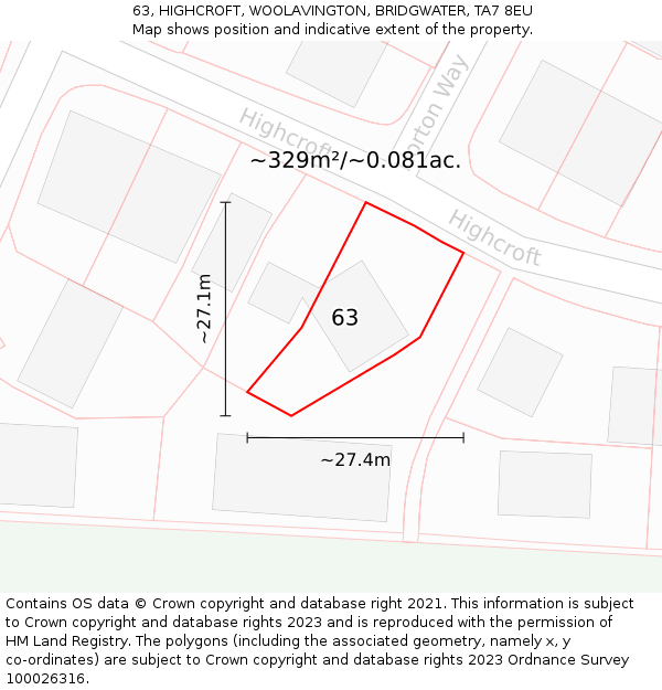 63, HIGHCROFT, WOOLAVINGTON, BRIDGWATER, TA7 8EU: Plot and title map