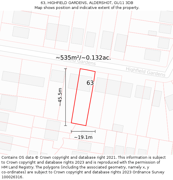 63, HIGHFIELD GARDENS, ALDERSHOT, GU11 3DB: Plot and title map