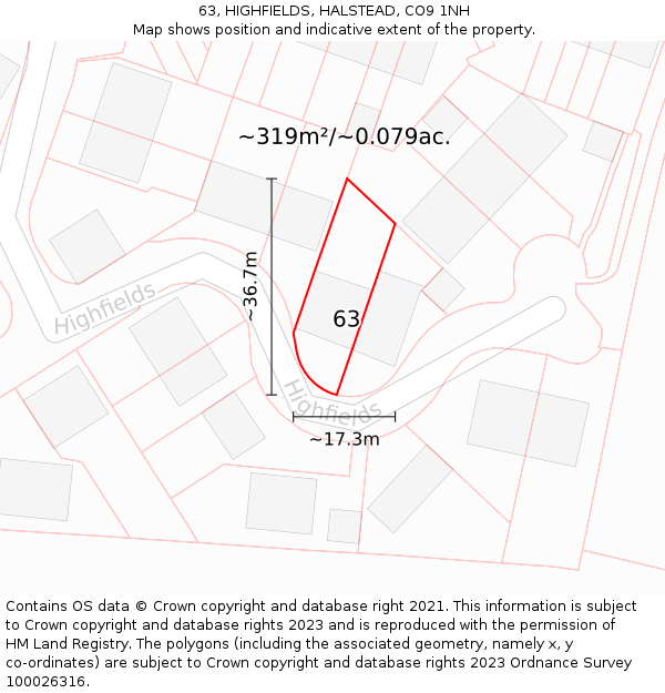 63, HIGHFIELDS, HALSTEAD, CO9 1NH: Plot and title map