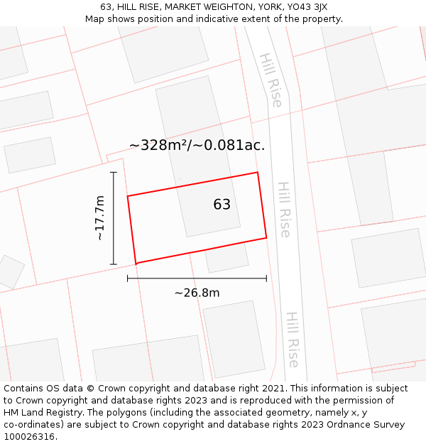 63, HILL RISE, MARKET WEIGHTON, YORK, YO43 3JX: Plot and title map