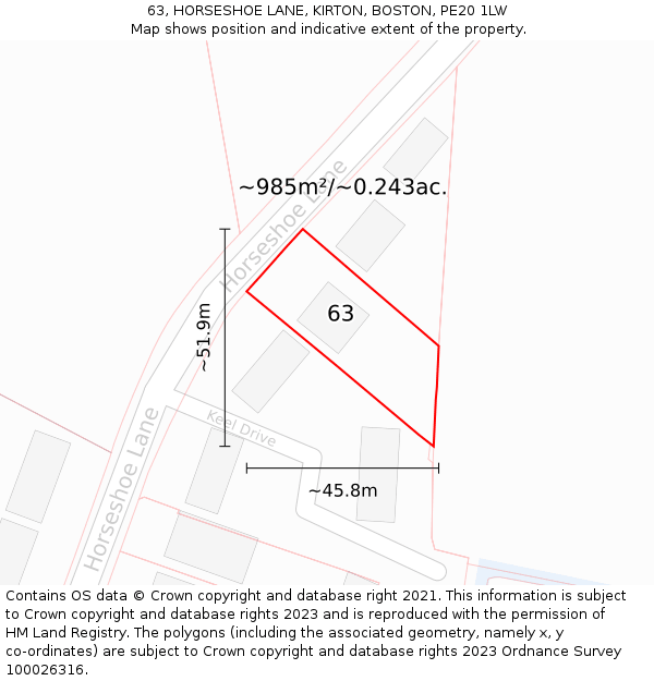 63, HORSESHOE LANE, KIRTON, BOSTON, PE20 1LW: Plot and title map