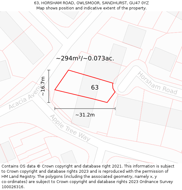 63, HORSHAM ROAD, OWLSMOOR, SANDHURST, GU47 0YZ: Plot and title map