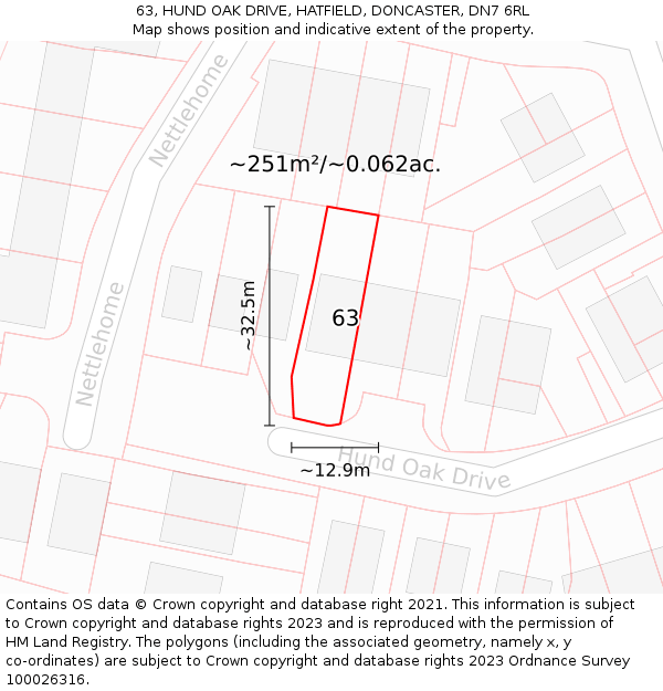 63, HUND OAK DRIVE, HATFIELD, DONCASTER, DN7 6RL: Plot and title map