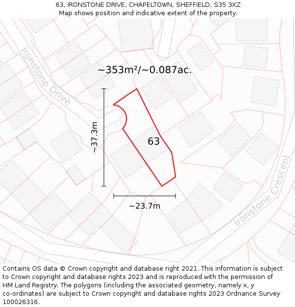 63, IRONSTONE DRIVE, CHAPELTOWN, SHEFFIELD, S35 3XZ: Plot and title map