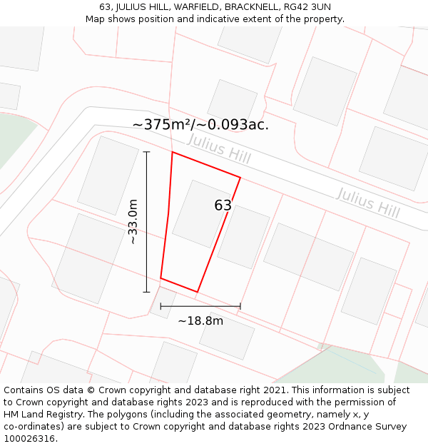 63, JULIUS HILL, WARFIELD, BRACKNELL, RG42 3UN: Plot and title map