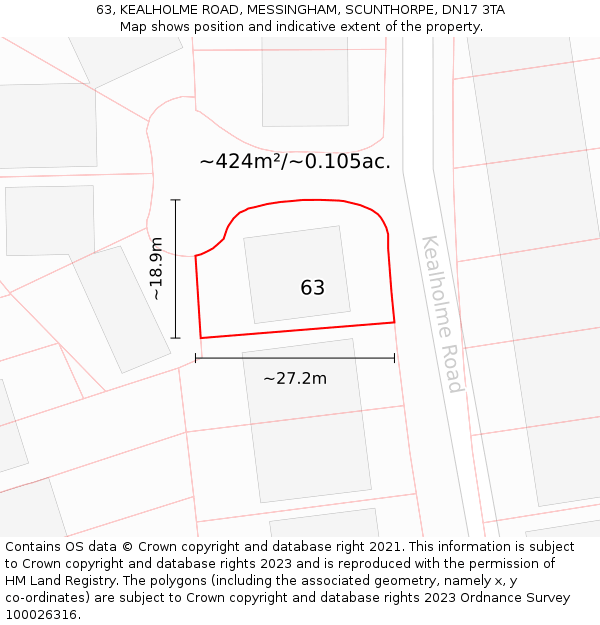 63, KEALHOLME ROAD, MESSINGHAM, SCUNTHORPE, DN17 3TA: Plot and title map