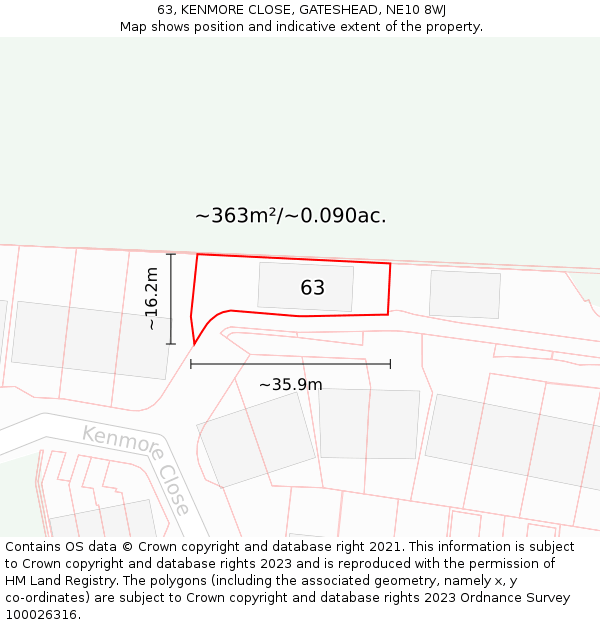 63, KENMORE CLOSE, GATESHEAD, NE10 8WJ: Plot and title map
