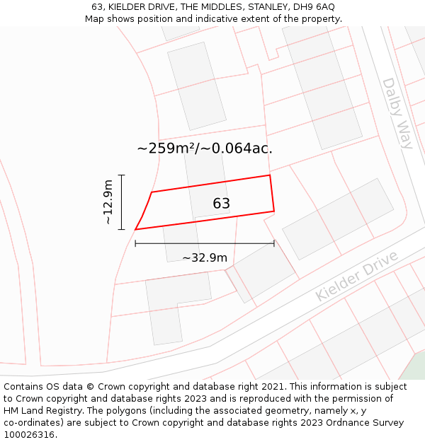 63, KIELDER DRIVE, THE MIDDLES, STANLEY, DH9 6AQ: Plot and title map