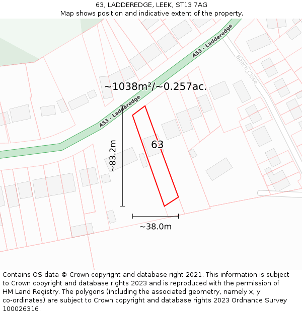 63, LADDEREDGE, LEEK, ST13 7AG: Plot and title map