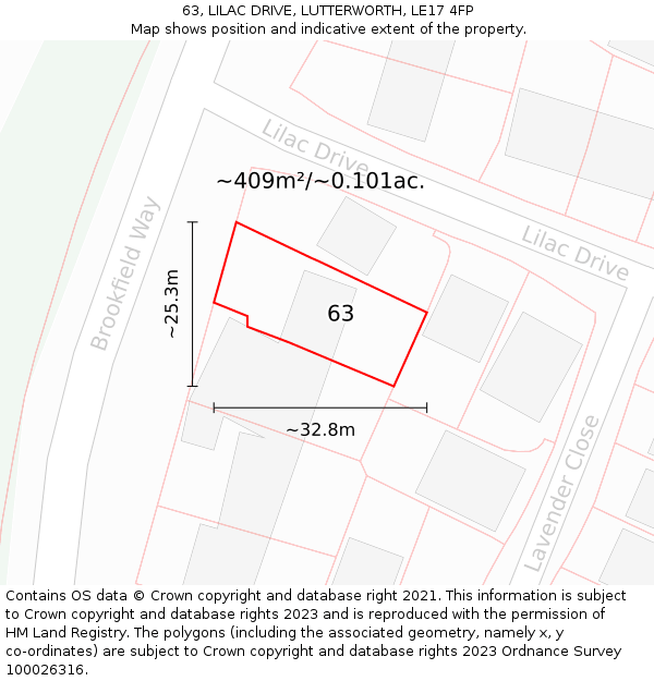 63, LILAC DRIVE, LUTTERWORTH, LE17 4FP: Plot and title map