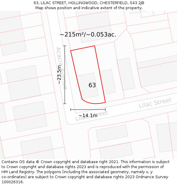 63, LILAC STREET, HOLLINGWOOD, CHESTERFIELD, S43 2JB: Plot and title map