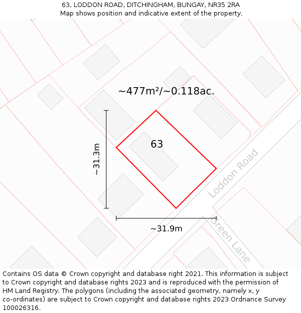 63, LODDON ROAD, DITCHINGHAM, BUNGAY, NR35 2RA: Plot and title map