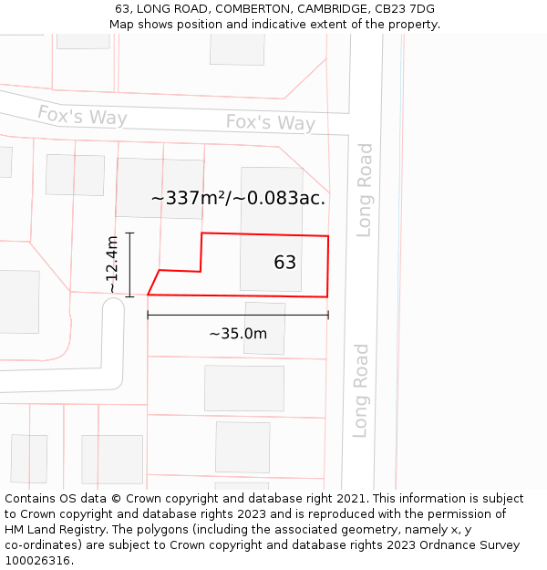 63, LONG ROAD, COMBERTON, CAMBRIDGE, CB23 7DG: Plot and title map