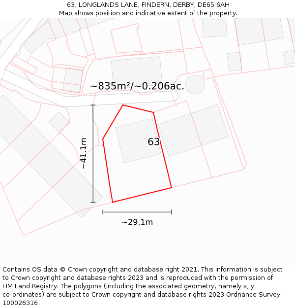 63, LONGLANDS LANE, FINDERN, DERBY, DE65 6AH: Plot and title map