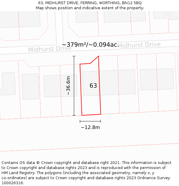 63, MIDHURST DRIVE, FERRING, WORTHING, BN12 5BQ: Plot and title map