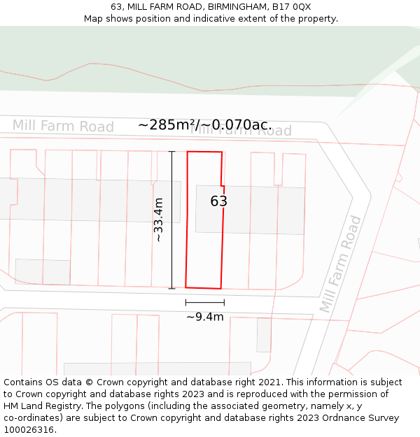 63, MILL FARM ROAD, BIRMINGHAM, B17 0QX: Plot and title map