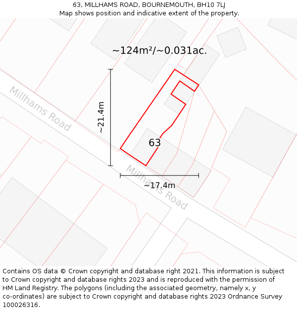 63, MILLHAMS ROAD, BOURNEMOUTH, BH10 7LJ: Plot and title map