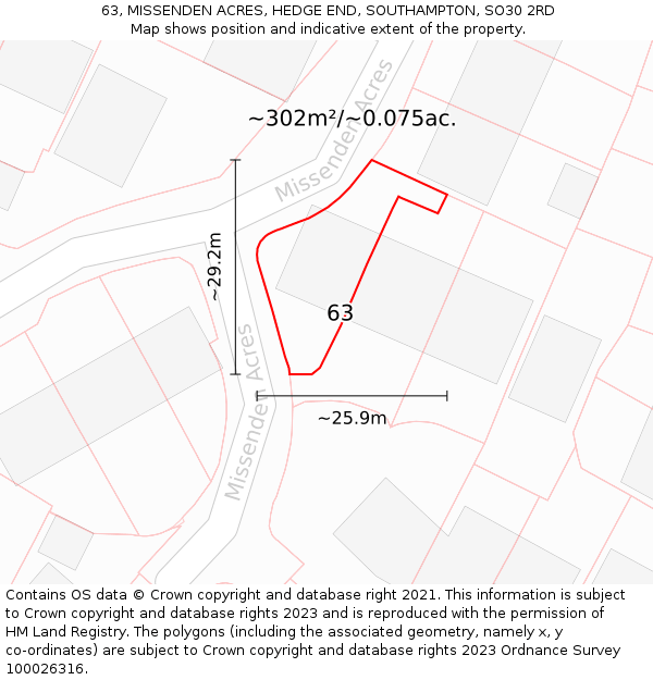 63, MISSENDEN ACRES, HEDGE END, SOUTHAMPTON, SO30 2RD: Plot and title map