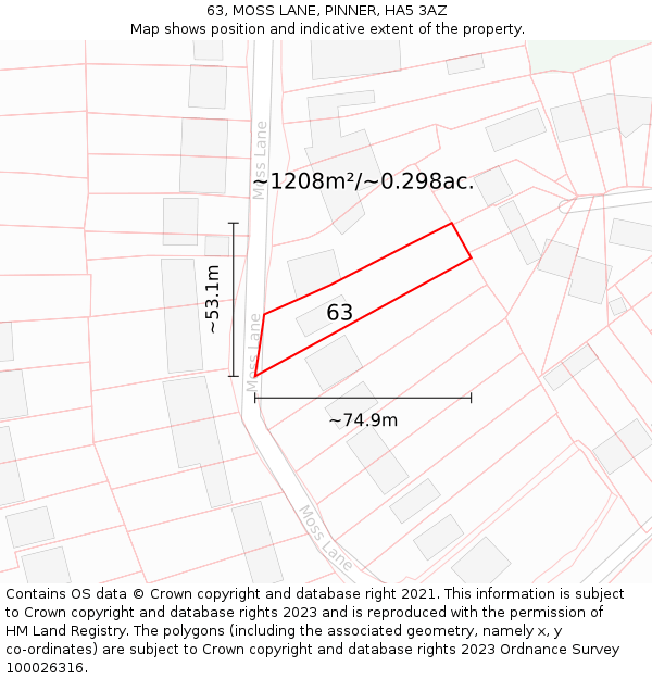 63, MOSS LANE, PINNER, HA5 3AZ: Plot and title map