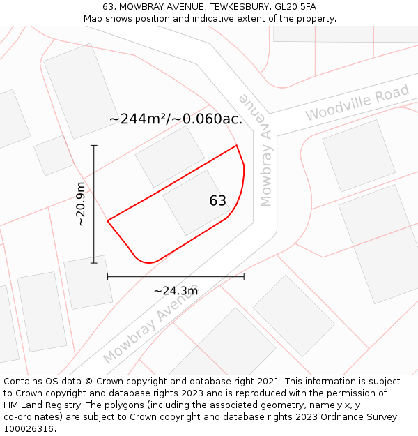 63, MOWBRAY AVENUE, TEWKESBURY, GL20 5FA: Plot and title map