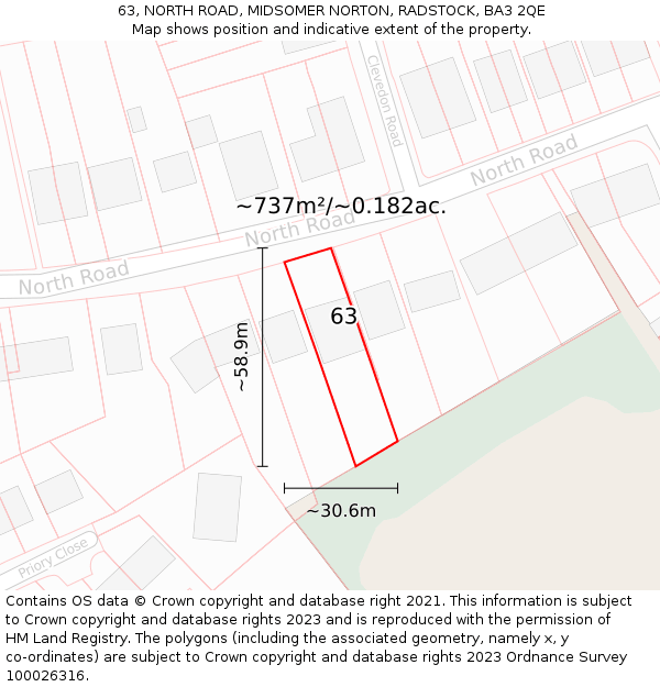 63, NORTH ROAD, MIDSOMER NORTON, RADSTOCK, BA3 2QE: Plot and title map