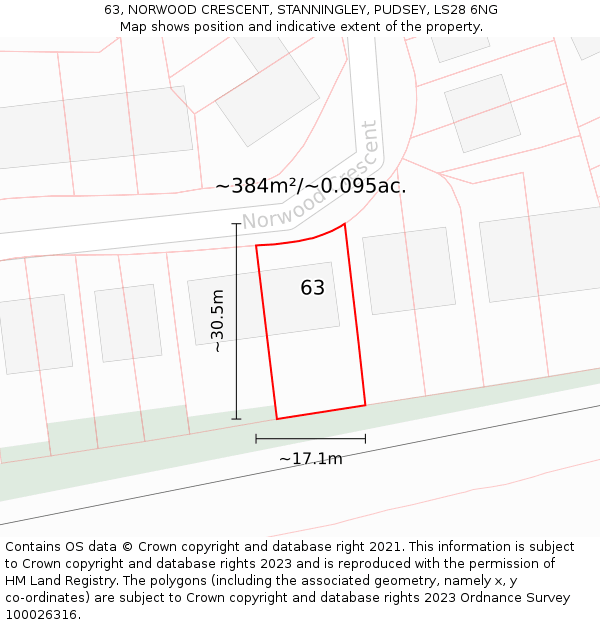 63, NORWOOD CRESCENT, STANNINGLEY, PUDSEY, LS28 6NG: Plot and title map