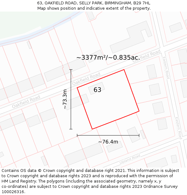 63, OAKFIELD ROAD, SELLY PARK, BIRMINGHAM, B29 7HL: Plot and title map