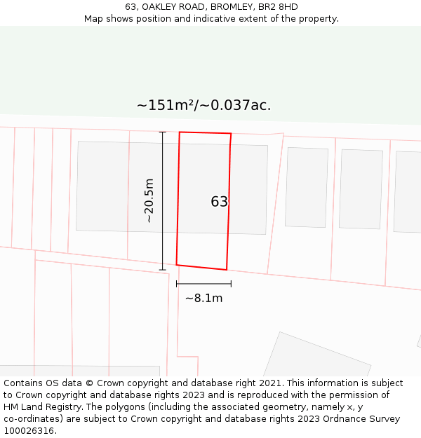 63, OAKLEY ROAD, BROMLEY, BR2 8HD: Plot and title map