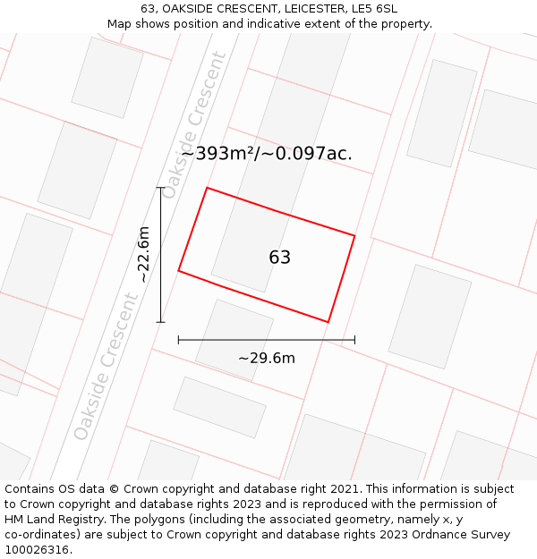63, OAKSIDE CRESCENT, LEICESTER, LE5 6SL: Plot and title map
