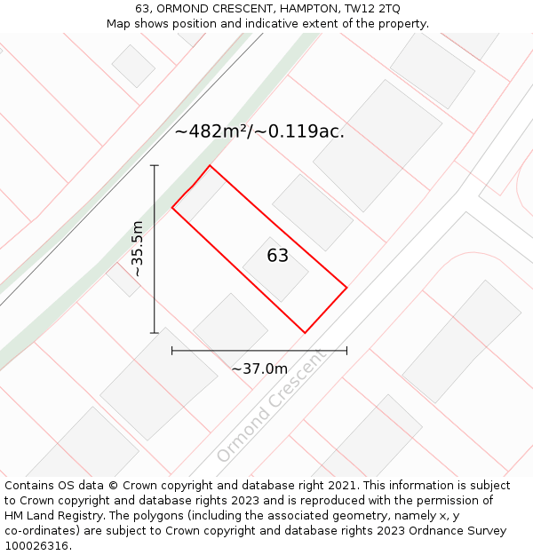 63, ORMOND CRESCENT, HAMPTON, TW12 2TQ: Plot and title map