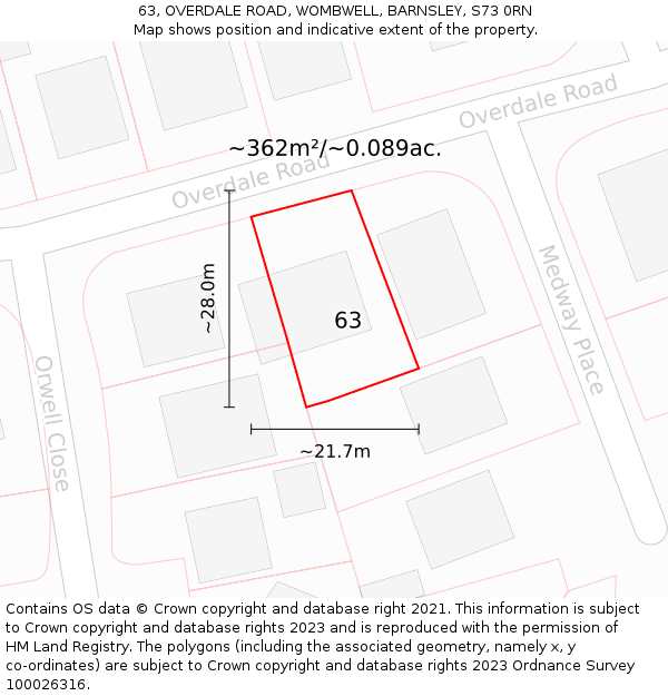 63, OVERDALE ROAD, WOMBWELL, BARNSLEY, S73 0RN: Plot and title map