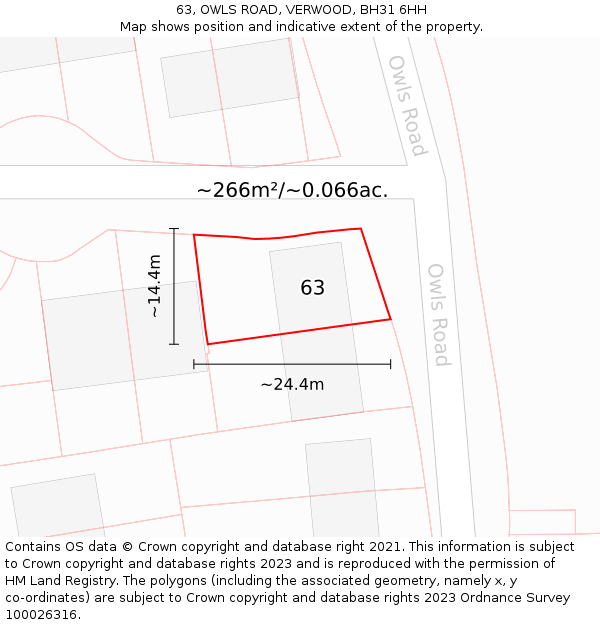 63, OWLS ROAD, VERWOOD, BH31 6HH: Plot and title map