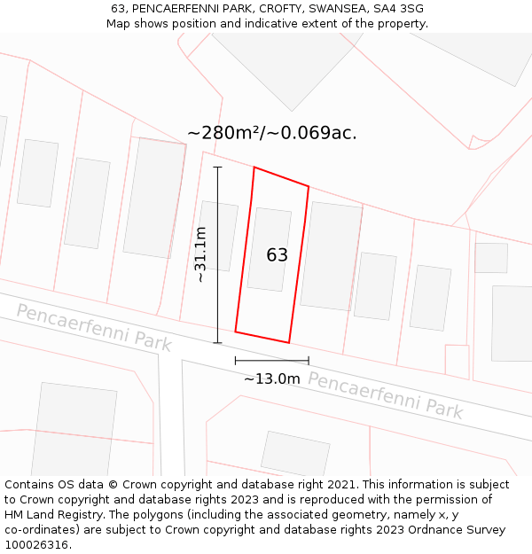 63, PENCAERFENNI PARK, CROFTY, SWANSEA, SA4 3SG: Plot and title map