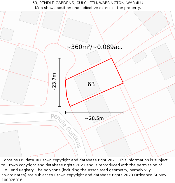 63, PENDLE GARDENS, CULCHETH, WARRINGTON, WA3 4LU: Plot and title map