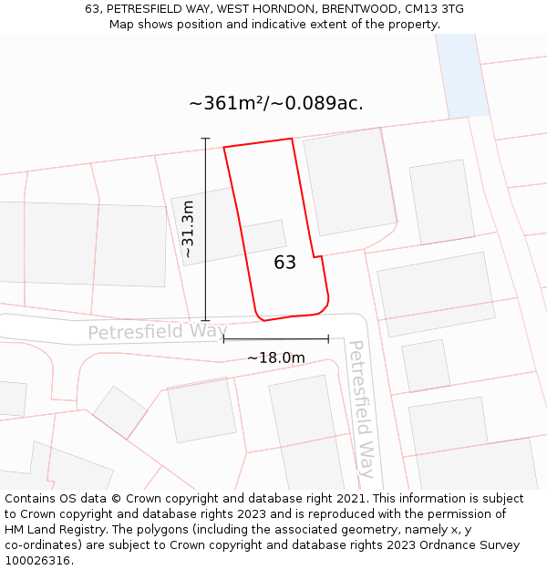 63, PETRESFIELD WAY, WEST HORNDON, BRENTWOOD, CM13 3TG: Plot and title map