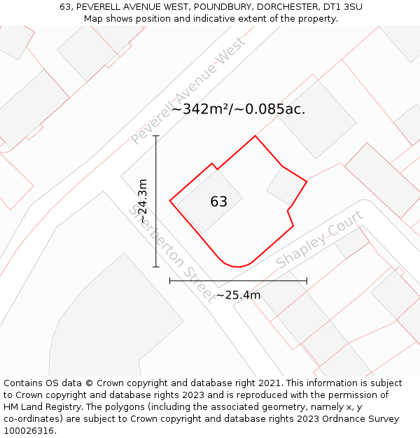 63, PEVERELL AVENUE WEST, POUNDBURY, DORCHESTER, DT1 3SU: Plot and title map
