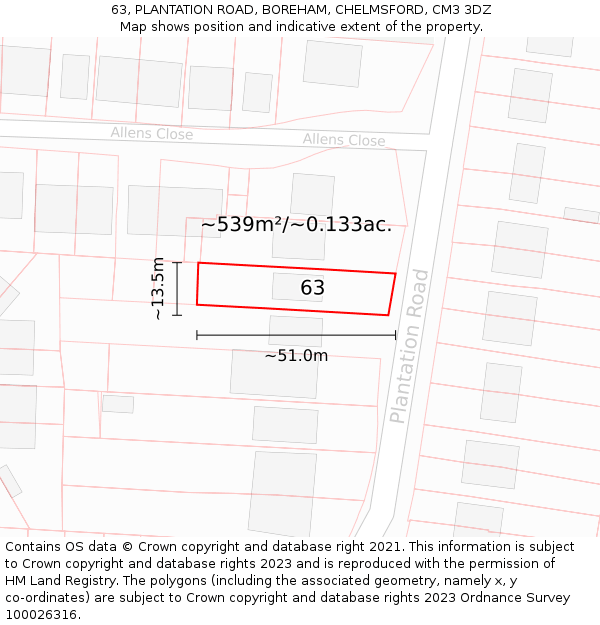 63, PLANTATION ROAD, BOREHAM, CHELMSFORD, CM3 3DZ: Plot and title map