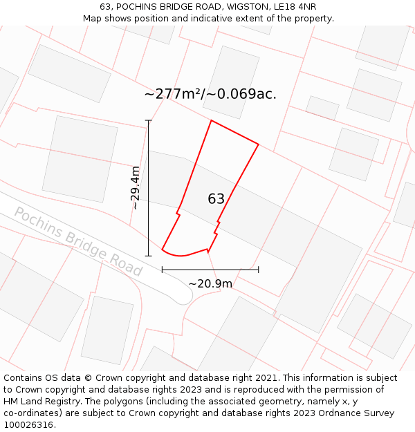 63, POCHINS BRIDGE ROAD, WIGSTON, LE18 4NR: Plot and title map