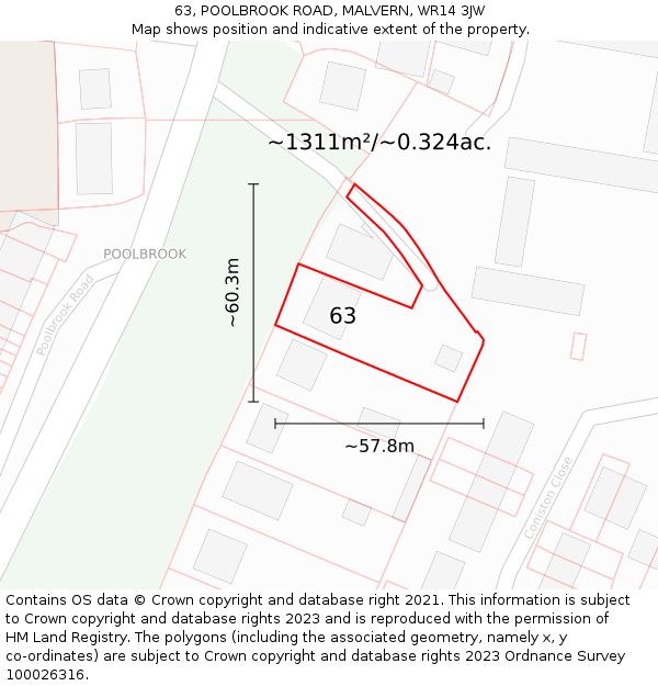 63, POOLBROOK ROAD, MALVERN, WR14 3JW: Plot and title map