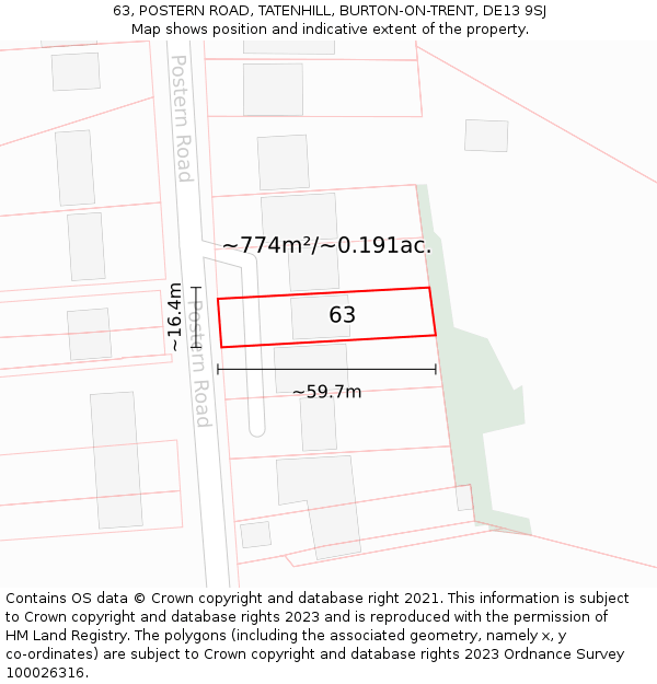 63, POSTERN ROAD, TATENHILL, BURTON-ON-TRENT, DE13 9SJ: Plot and title map