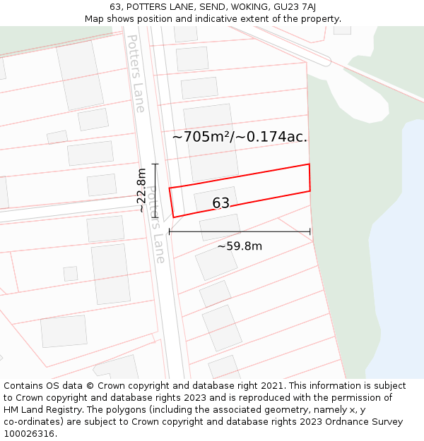 63, POTTERS LANE, SEND, WOKING, GU23 7AJ: Plot and title map