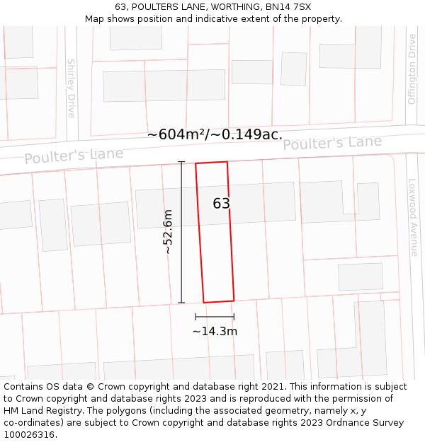 63, POULTERS LANE, WORTHING, BN14 7SX: Plot and title map